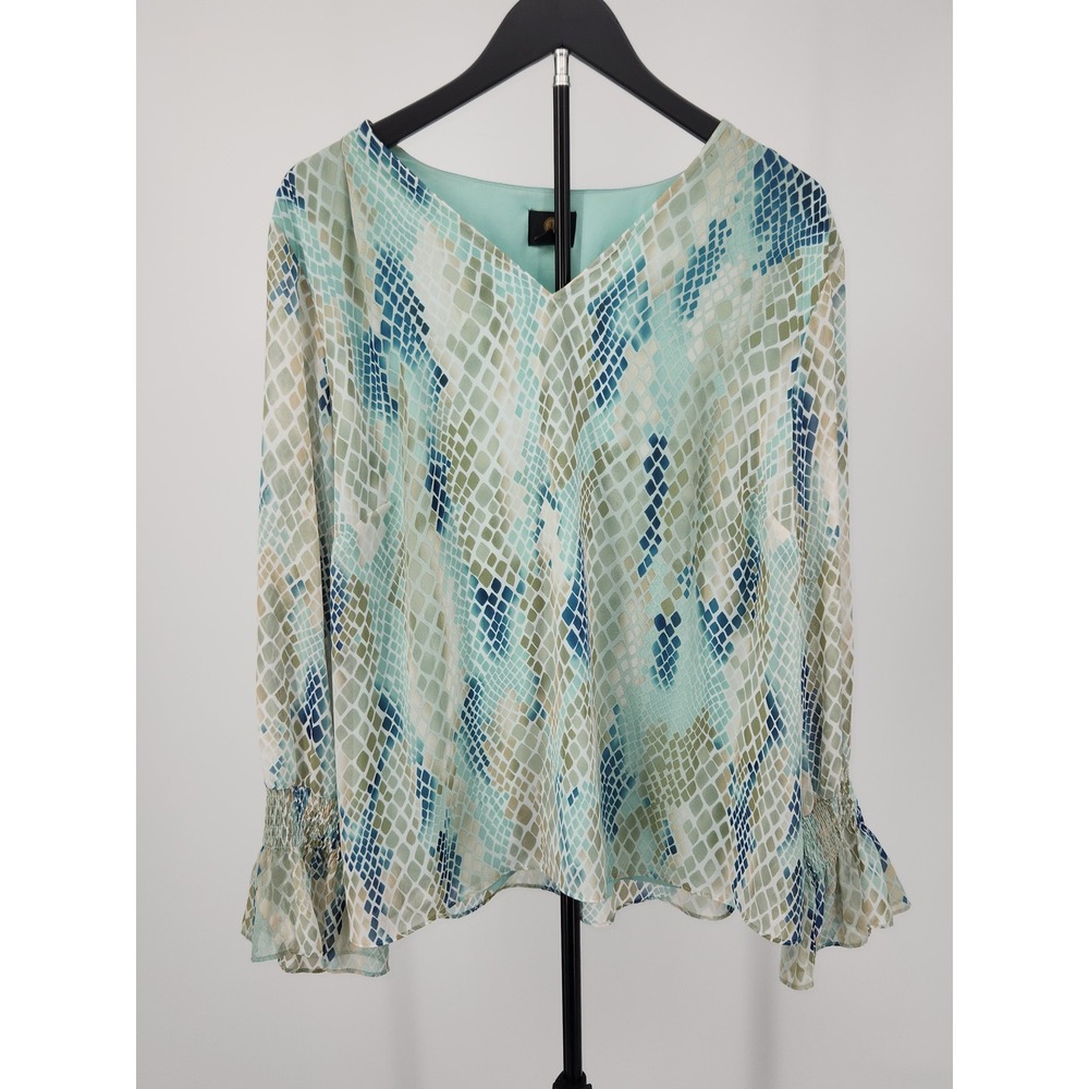 JM Collection Womens 3X Snakeskin Print V-Neck Blouse Teal Blue Smocked Cuff Top